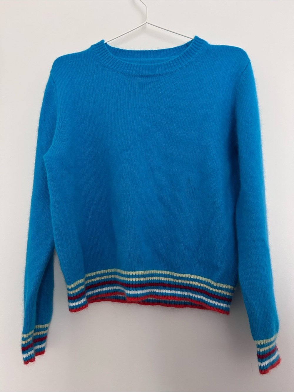 100% Wool Aqua Blue soft Crewneck Sweater with Striped and colorful buttons